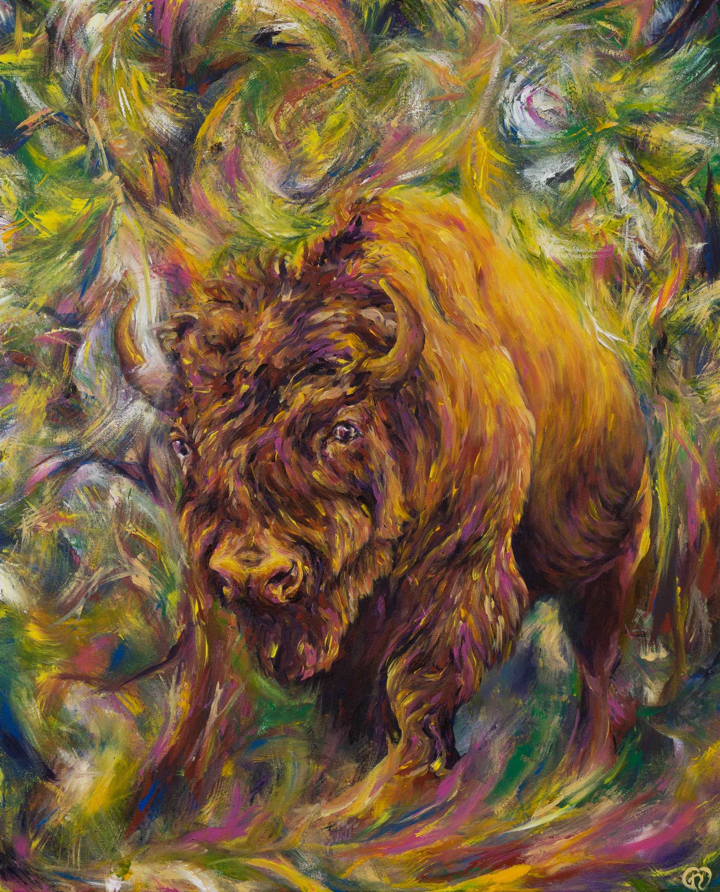 Painting of a bison depicted with yellow and brown colors and magenta reflections walking towards the viewer out of a wispy forest.