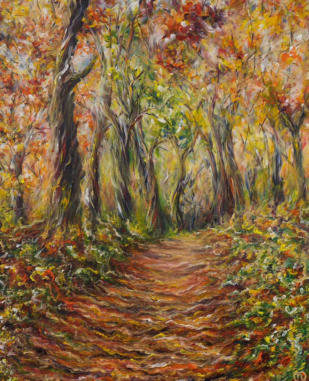 Painting of a trail covered with roots and leaves in maplewood forest lit up with the colors of autumn.