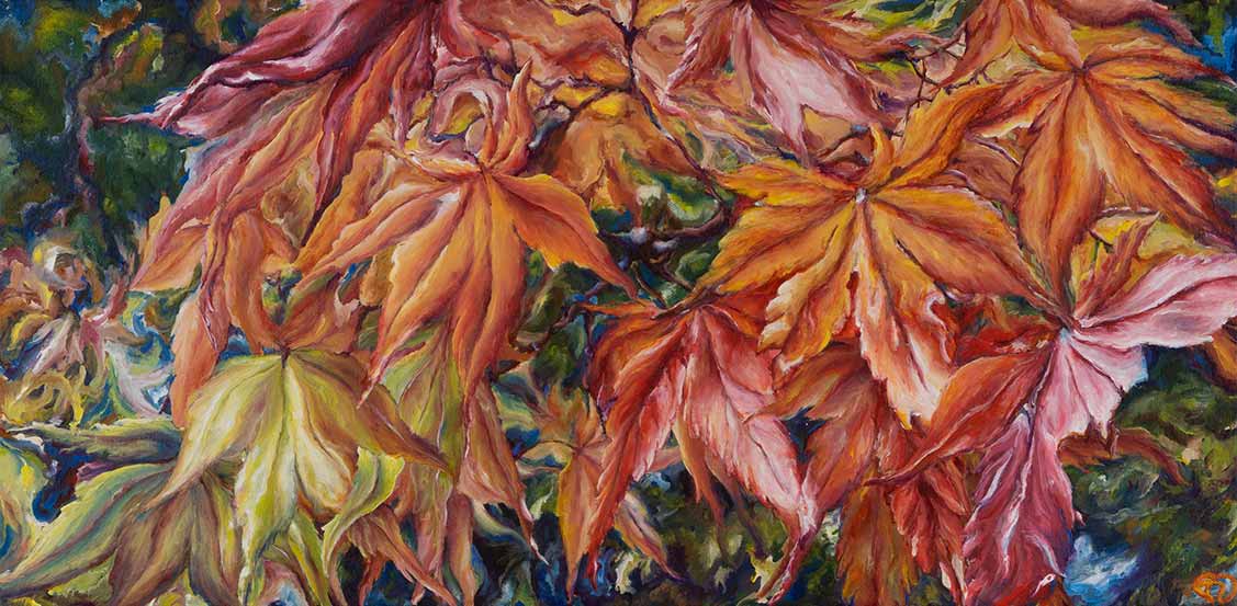 Painting of an autumn maple tree branch with leaves in hues of green, yellow, orange, and red against the backdrop of surrounding trees portrayed in an abstract manner with tones of green and blue.