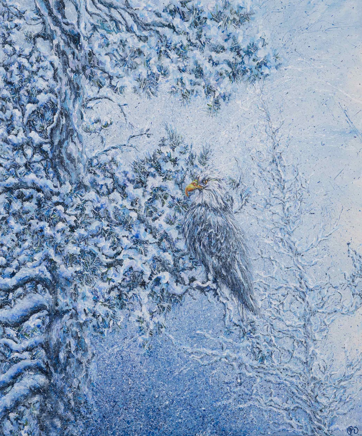 Painting of a bald eagle resting on a snow-covered branch of a lodge pole pine with snowflakes whirling around in their wintery dance.