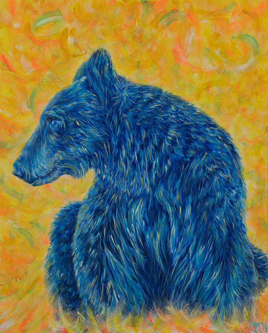 Painting of a profile of a bear with cobalt colored coat against the backdrop of abstract warm yellow tones.