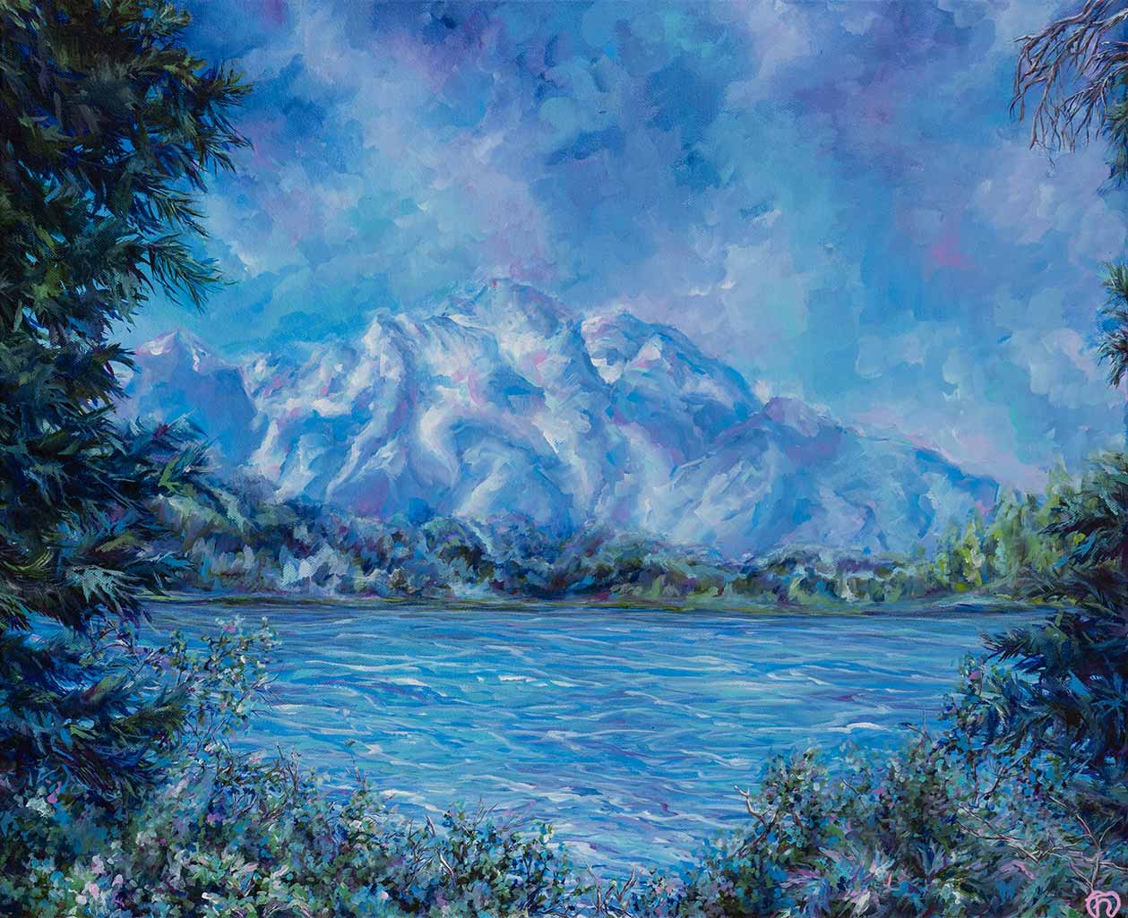 Painting of the Teton Range depicted with blue hues in front of the lake with pine trees peeking in the foreground.