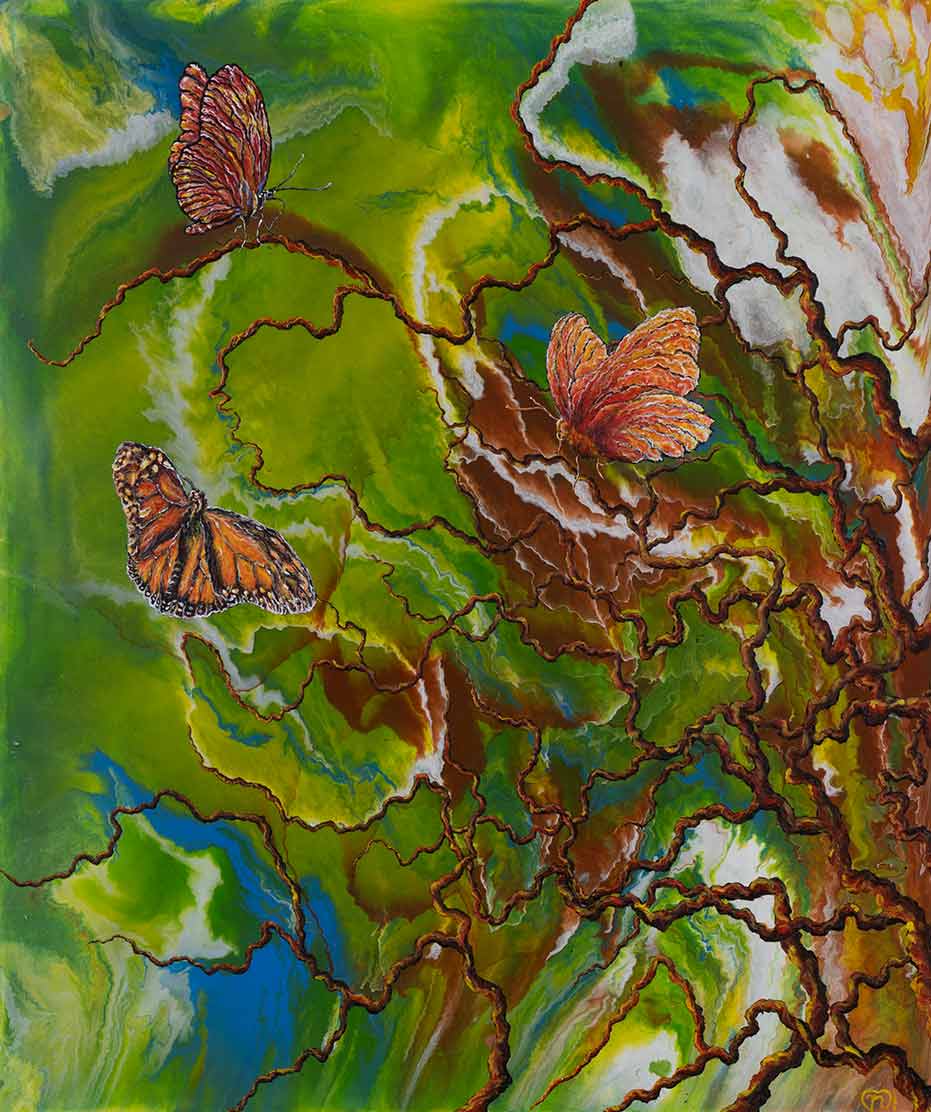 Painting of three butterflies floating around tree branches against the backdrop of abstract swirling colors of green, blue, yellow, red, and white.