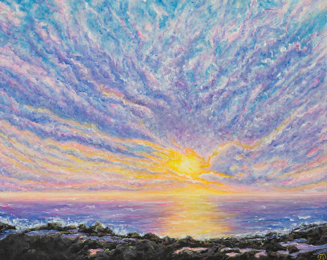Painting of a sunset above the ocean with orange-yellow sun peeking through an expanse of pink, blue, and purple clouds and lighting up lava rocks in the foreground.