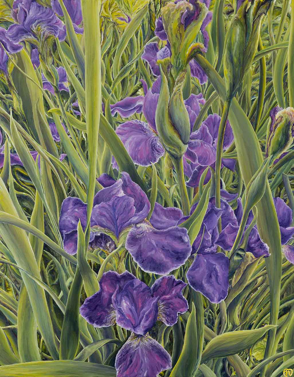 Painting of violet tinted irises emerging through a sea of blue-green leaves with yellow light glittering on them.