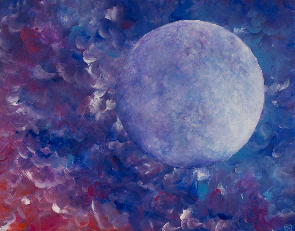 Painting of the moon floating peacefully in the ultramarine magenta sky.