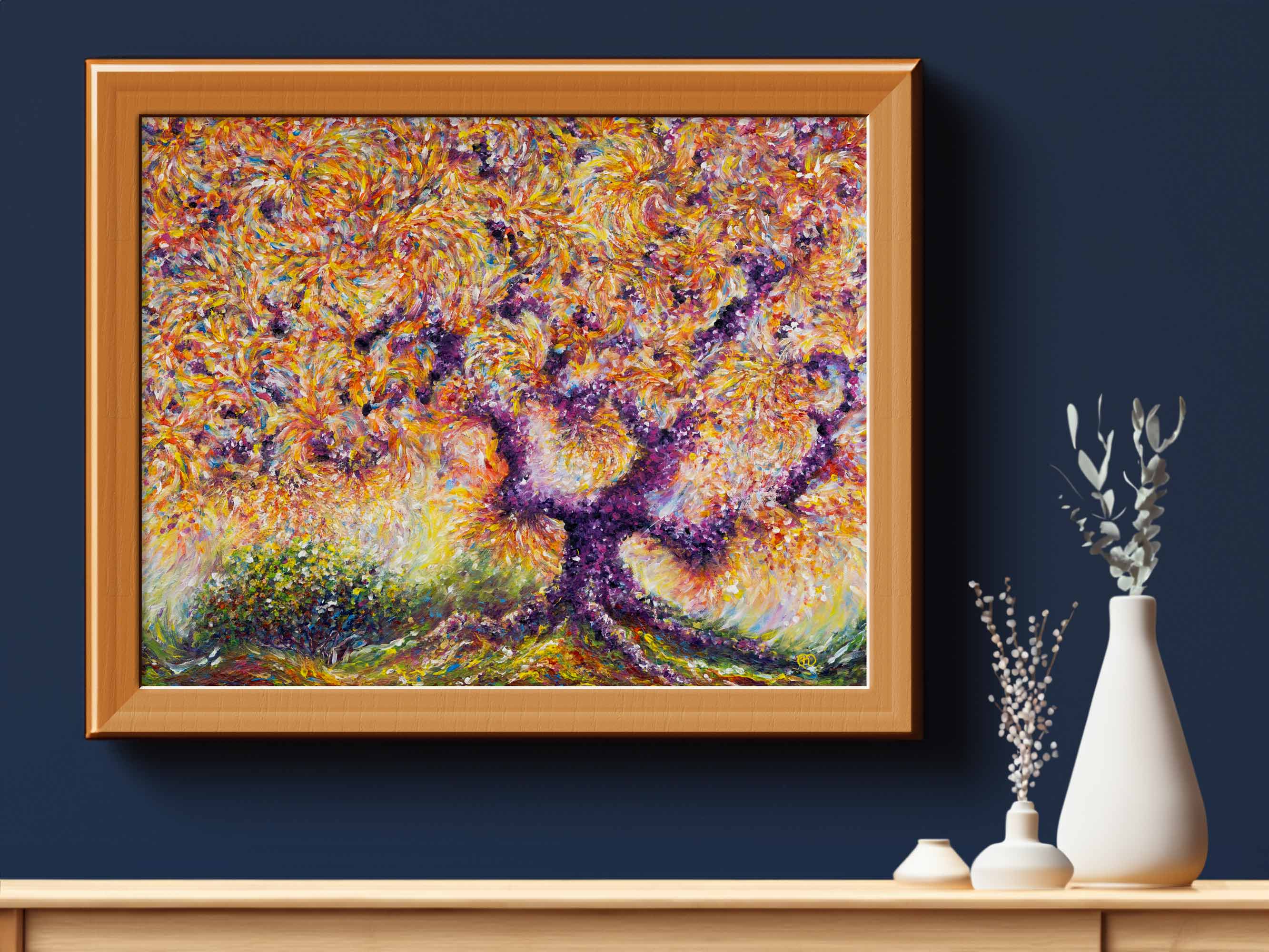 Print of a Japanese maple with purple branches and autumnal swirling leaves pictured in a brown frame positioned on a wall. Three vases decorate the shelf in the foreground.