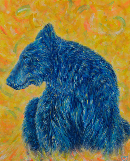 Painting of a profile of a bear with cobalt colored coat against the backdrop of abstract warm yellow tones.