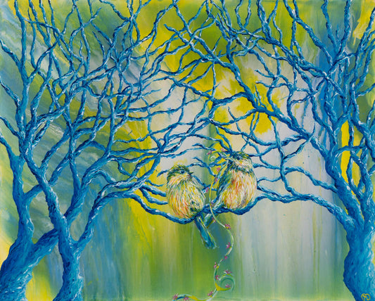Painting of two yellow-blue birds sitting next to each other on connecting branches of two teal and phthalo-blue colored trees against the backdrop of glowing white, blue, green, and yellow light.