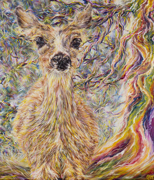 Painting of a doe standing in front of a rainbow-colored tree gazing at the viewer.