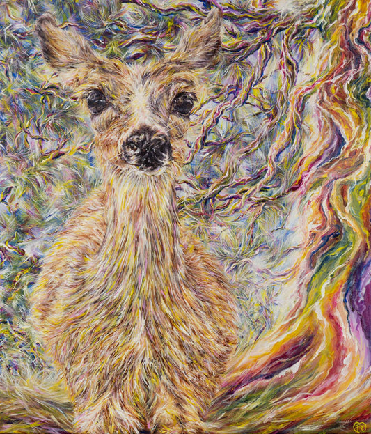 Painting of a doe standing in front of a rainbow-colored tree gazing at the viewer.