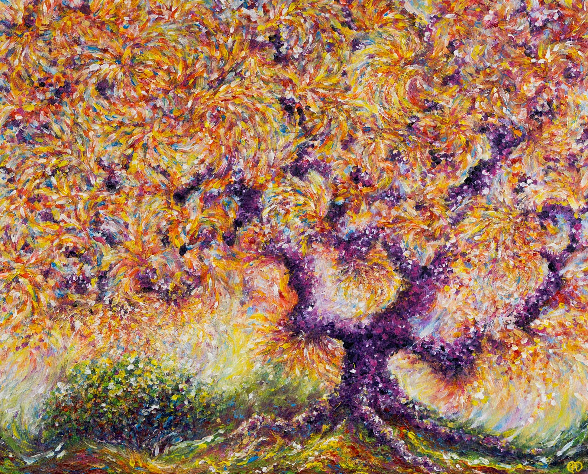 Painting of a Japanese Maple tree with reddish, orange, and yellow swirls of light around magenta-purple branches and a greenish-red shrub pictured on the left side reflecting yellow light.  