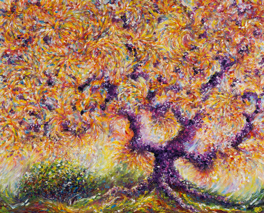 Painting of a Japanese Maple tree with reddish, orange, and yellow swirls of light around magenta-purple branches and a greenish-red shrub pictured on the left side reflecting yellow light.  