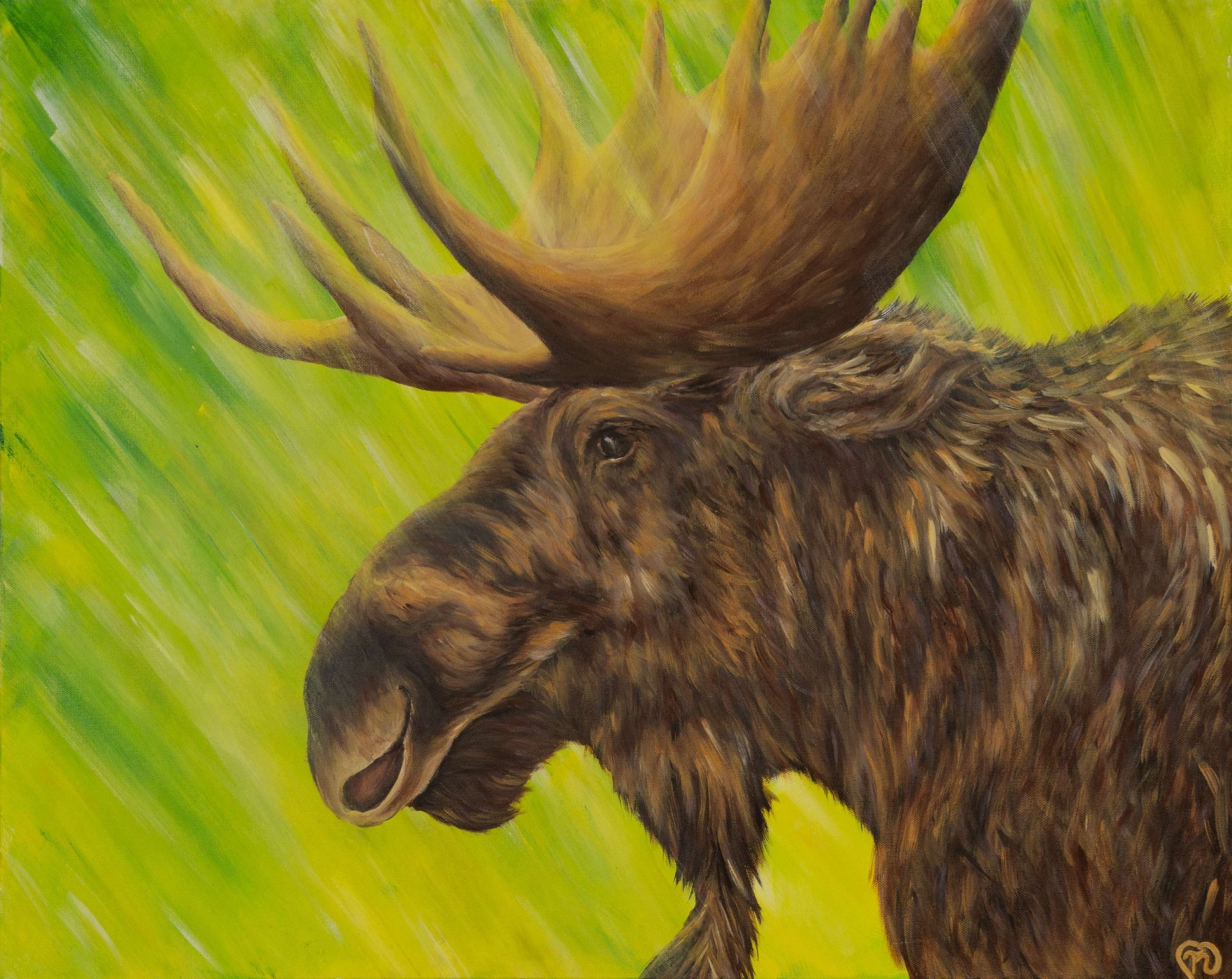 Painting of a profile of a bull moose surrounded by pine and olive-green sunbeams flowing through the scene.