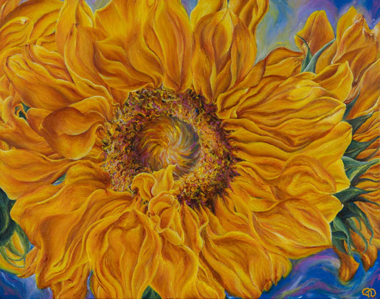 A close up painting of sunflowers with large yellow petals shining in the sunlight.
