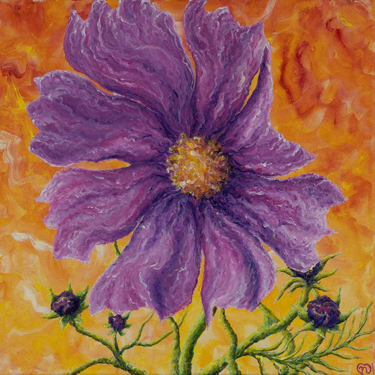 Painting of a garden cosmos flower blooming with its large magenta petals surrounded by flower buds on the bottom.