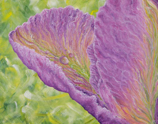 Painting of large magenta tulip petals with dew drops resting on the surface against the backdrop of abstract wispy hues of forest green, yellow, and white. 